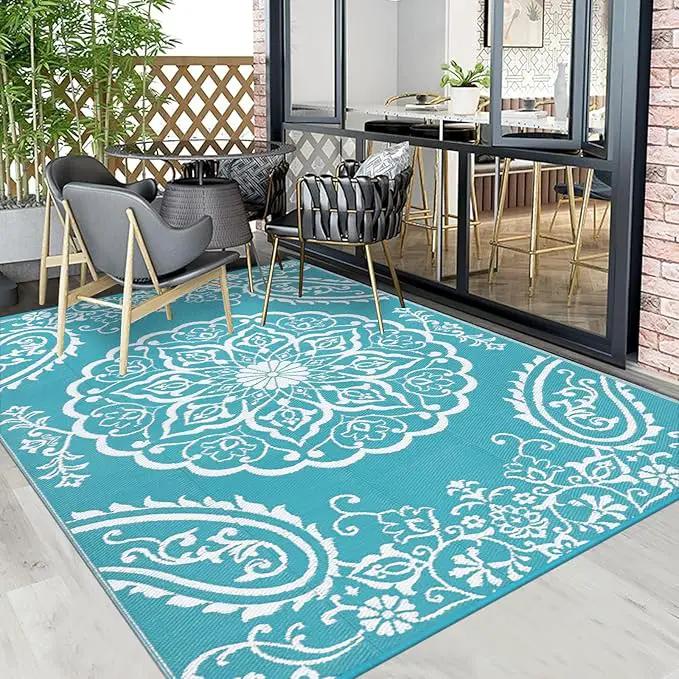 Pauwer Waterproof Outdoor Rug 5x8, Reversible Plastic Straw Patio Camping Rug, Indoor Outdoor RV Mat Carpet for Deck, Camper, Porch, Balcony, Backyard, Picnic, Boho Teal by GreenHaven Gardens