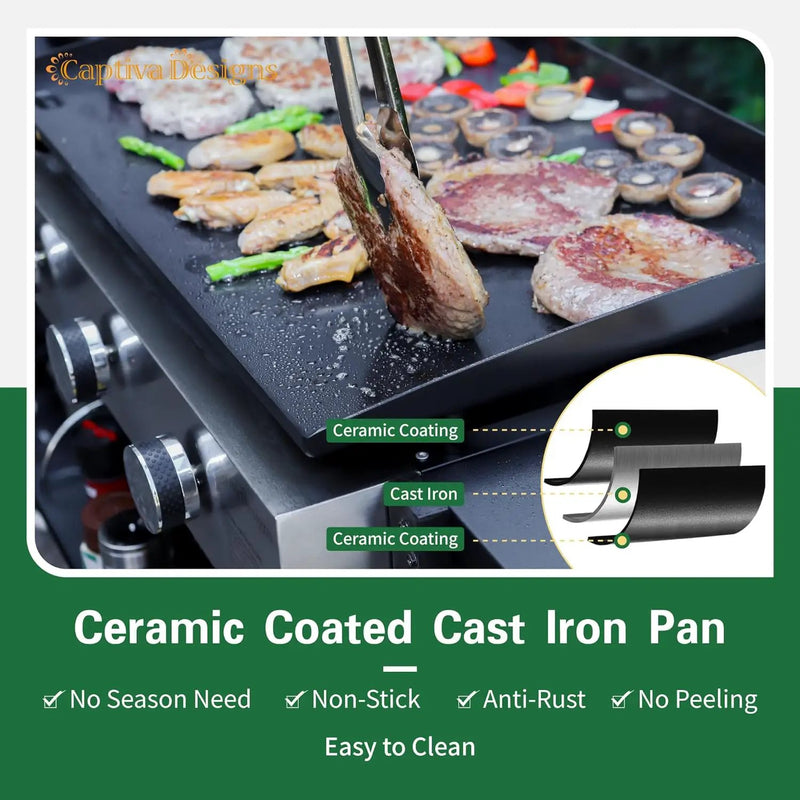 Captiva Designs 22 in Flat Top Grill with Ceramic Coated Cast Iron Pan, Portable Tabletop Propane Gas Griddle Grill for Camping, Outdoor & Tailgating Barbecue, 24,000 BTU Output, 3 Burners by GreenHaven Gardens