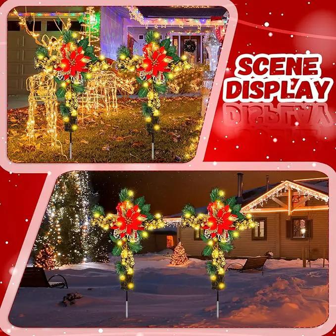Ganeen 2 Pcs Solar Stake Christmas Outdoor Decorations Christmas Yard Stake Decor LED Lights Cemetery Grave Cross Poinsettia Decor for Holiday Garden Pathway Lights (Poinsettia) by GreenHaven Gardens
