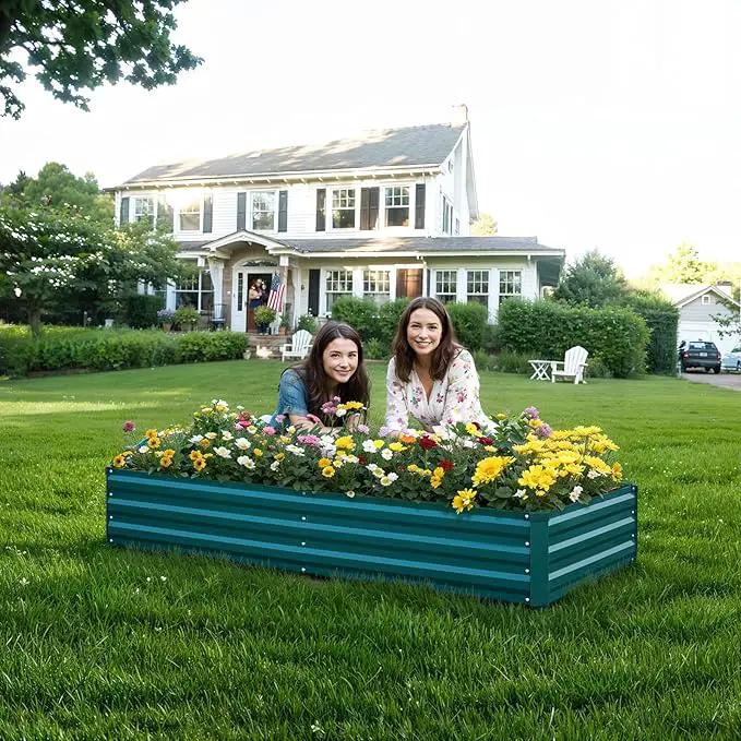 Raised Garden Bed Green, 6x3x1ft Galvanized Raised Garden Beds Outdoor for Vegetables Flowers, Raised Bed Planter Box, Metal Raised Garden Bed Kit with Gloves and 3ftx30ft Weed Barrier Fabric by GreenHaven Gardens