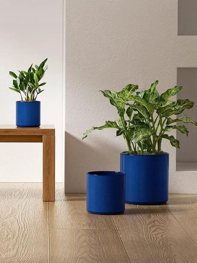 LE TAUCI Large Plant Pots Set, 10/8/6 Inch Ceramic Planters for Indoor Plants, Mid-Century Modern Flower Planter Pots with Drainage Hole and Plug, Cylinder Round Planter Pots, Set of 3, Sapphire Blue by GreenHaven Gardens
