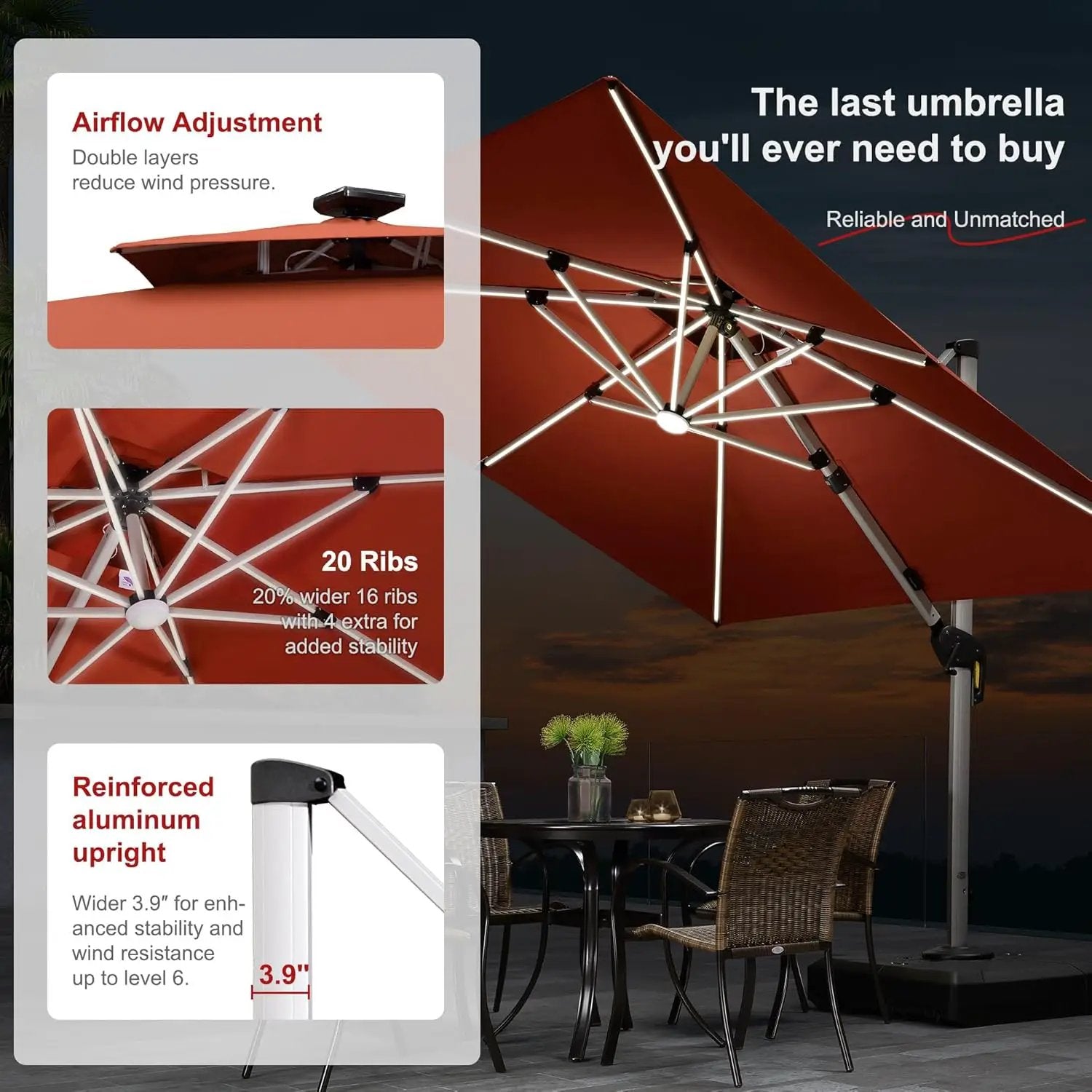 PURPLE LEAF 9 Feet Double Top Deluxe Solar Powered LED Square Patio Umbrella Offset Hanging Umbrella Outdoor Market Umbrella Garden Umbrella, Brick Red by GreenHaven Gardens
