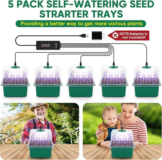 BlumWay Self-Watering Seed Starter Tray Kit with Grow Light and Humidity Dome,3 Color Growing Light,5-Pack 60-Cell Plant Seedling Tray,Reusable Plastic Germination Trays,Timed Light Plant Starter Set by GreenHaven Gardens
