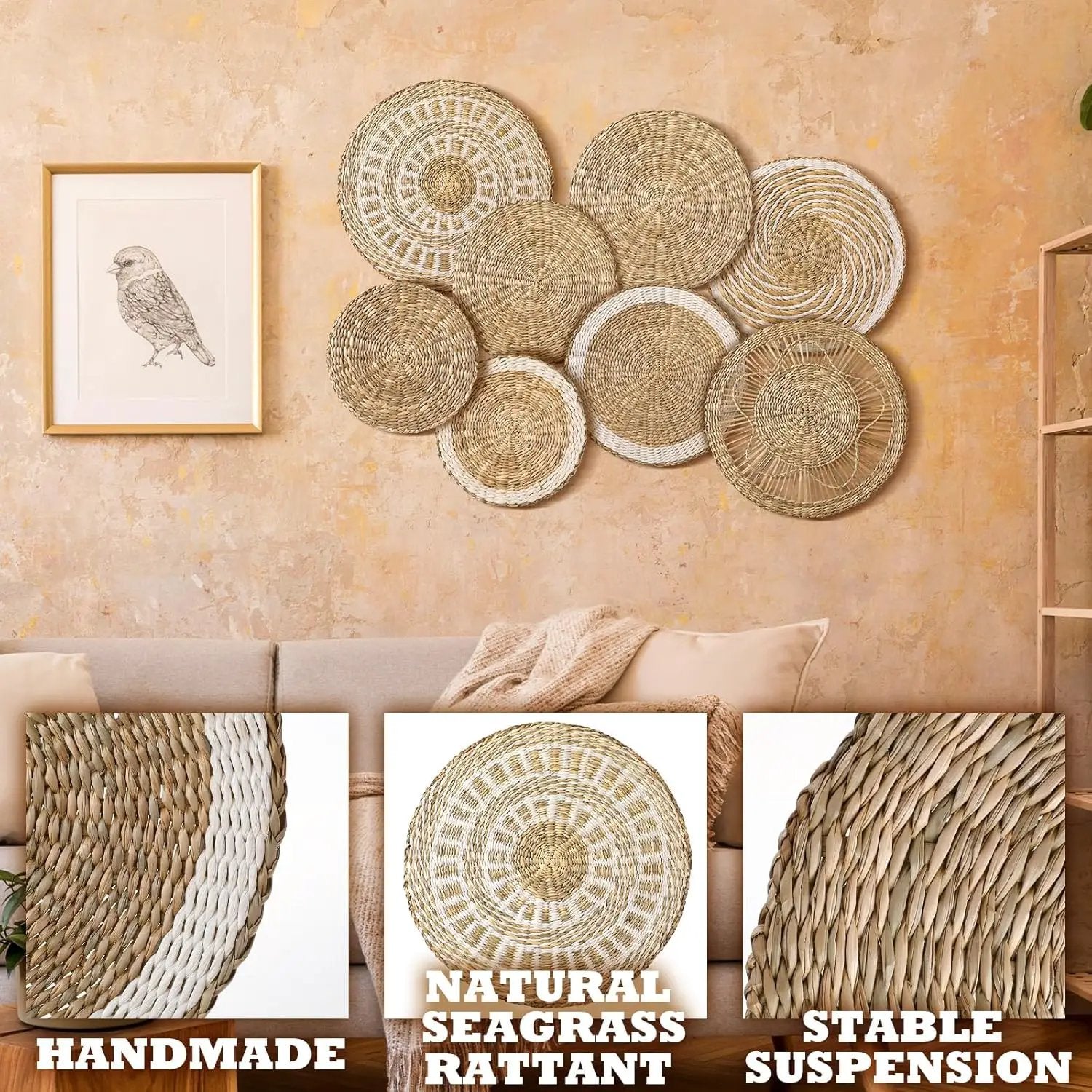 Xuhal Set of 8 Hanging Woven Wall Basket Handmade Decorative Rustic Boho Basket Decor Handcrafted Wicker Round Seagrass Wall Art for Home Kitchen Farmhouse Table Living Room by GreenHaven Gardens