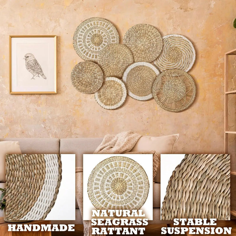 Xuhal Set of 8 Hanging Woven Wall Basket Handmade Decorative Rustic Boho Basket Decor Handcrafted Wicker Round Seagrass Wall Art for Home Kitchen Farmhouse Table Living Room by GreenHaven Gardens