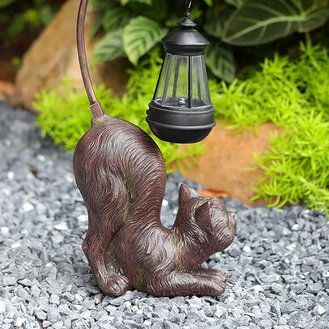 Laughing Cat Figurine with Solar-Powered LED Light, 15.7 Inches Tall Antique Bronze, Perfect for Gift Garden Decor or Housewarming for Cat Lovers. by GreenHaven Gardens