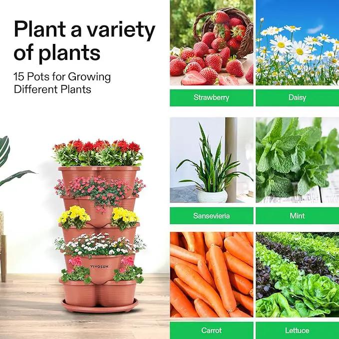 VIVOSUN 5 Tier Vertical Gardening Stackable Planter for Strawberries, Flowers, Herbs, Vegetables, Brown by GreenHaven Gardens