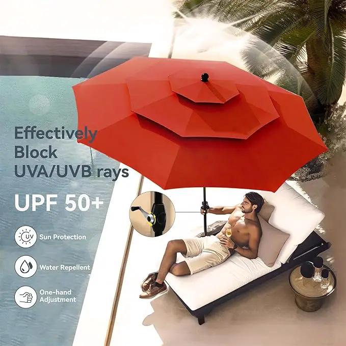 PHI VILLA 10ft Patio Umbrella Outdoor 3 Tier Vented Market Table Umbrella with 1.5" Umbrella Pole and 8 Sturdy Ribs, (Orange Red)（No Base） by GreenHaven Gardens