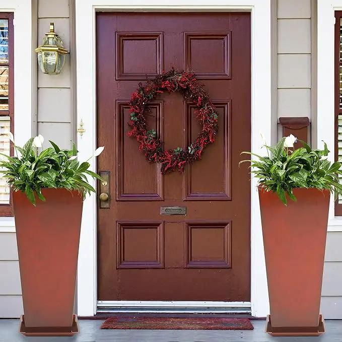 KOL 25''H. Galvanized Steel Planter with Saucer, Tall Glazed Planter Pots for Indoor & Outdoor Use, Set of 2, Decorative Flower Plant Pots with Drainage Hole for Porch, Patio, Deck - Reddish Brown by GreenHaven Gardens