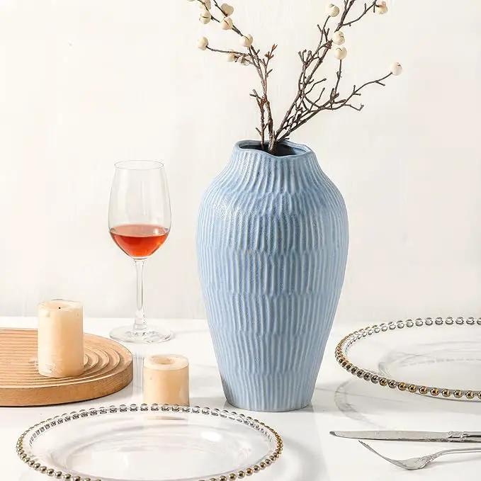 Ceramic Vase for Home Decor,11.6 Inch Flower Vases，Decorative Blue Vase for Pampas Grass，Modern Art Texture Vases for Home Entryway Living Room Dining Table Farmhouse Office Decor-Mat Blue by GreenHaven Gardens