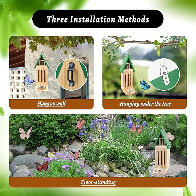 Butterfly House and Feeder for Outside, Wooden Butterfly House for Garden, Natural Butterfly Habitat with Butterfly Puddler on The Floor or Hanging on Tree Wall by GreenHaven Gardens