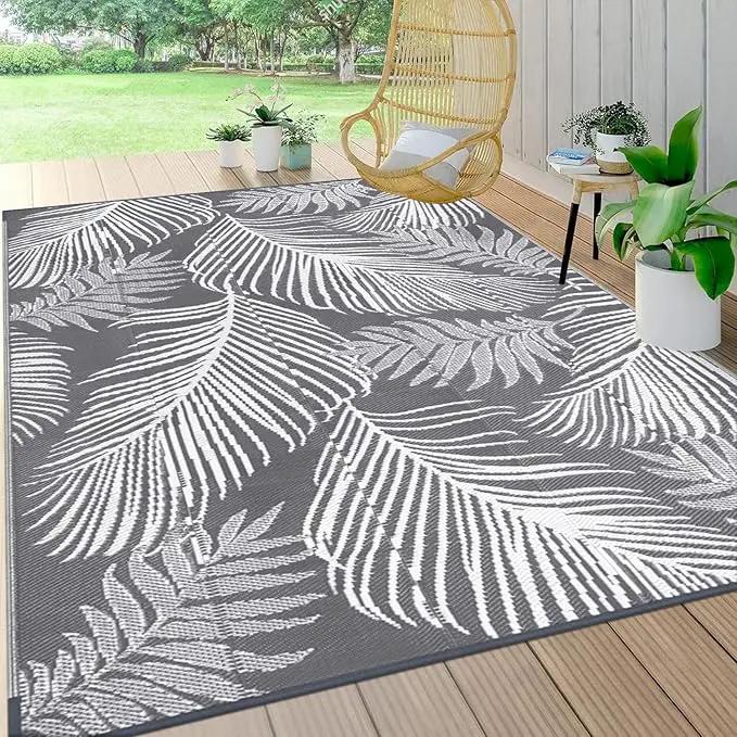 Pauwer Waterproof Outdoor Rug 6x9, Reversible Plastic Straw Patio Camping Rug, Indoor Outdoor RV Mat Carpet for Deck, Camper, Porch, Balcony, Backyard, Picnic, Leaf Grey by GreenHaven Gardens