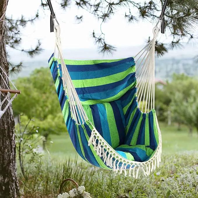 Chihee Hammock Chair Hanging Swing 2 Pillows Included,Strong Webbing Straps and Hooks for Easy Hanging Soft Cotton Hanging Chair Side Pocket Tassel Chair Comfort Indoor Outdoor Blue Green by GreenHaven Gardens