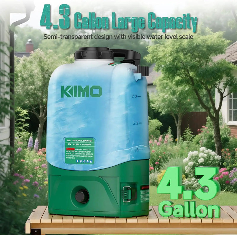 KIMO 4.3 Gallon Battery Powered Backpack Sprayer, 2PCS 20V 2.0Ah Battery & Fast Charger, 31" Telescopic Wand, 6 Nozzles, No Pump Needed, 0-73 PSI Electric Garden Sprayer for Weed, Lawn, Yard, Cleaning by GreenHaven Gardens