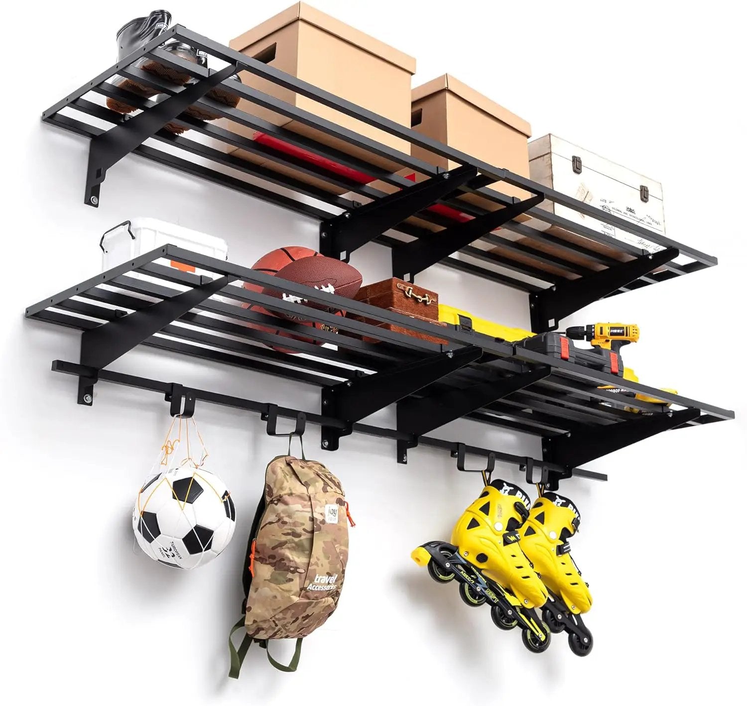 Garage Wall Shelving with Hooks,2-Pack 1.64 x 6ft Garage Wall Shelf,Loads 1050 lbs Heavy Duty Wall Shelves,20” x 72” Garage Shelves Wall Mounted,Black by GreenHaven Gardens