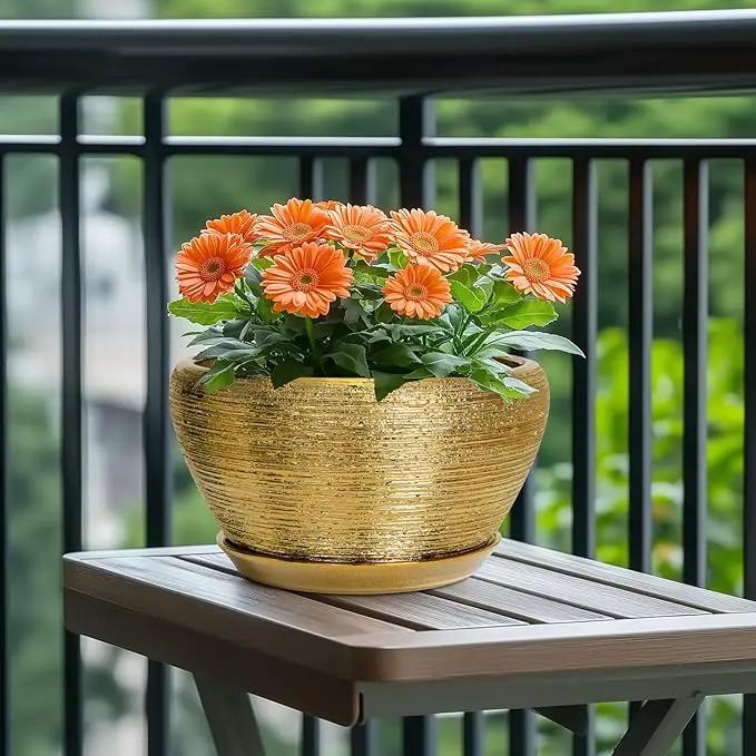 Ceramic Planter 11 Inch - Indoor Plant Pot with Drainage Hole and Saucer Large Planter for Outdoor Plants Mid-Century Decorative Flower Pot for Home Decor Gold by GreenHaven Gardens