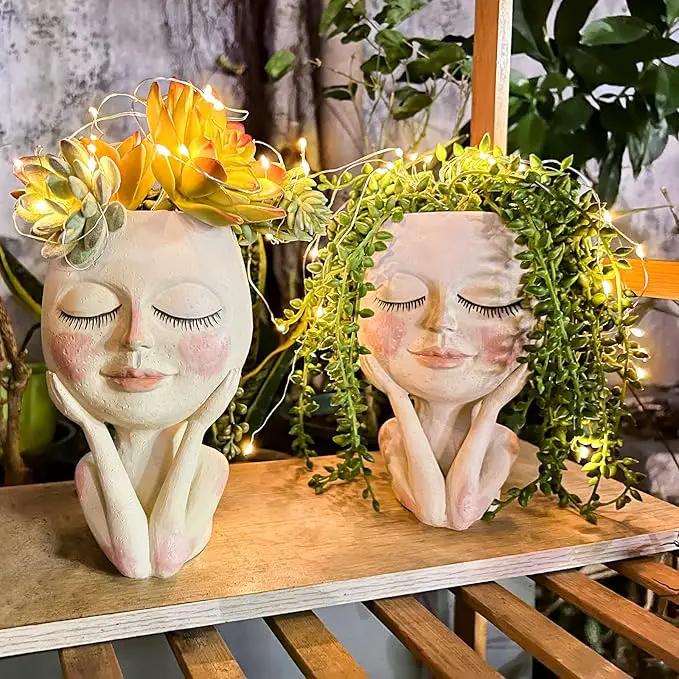 Solar-Face Flower Pot Head Planter Pots - LED String Lights Warterproof Resin Succulent Cactus Planters Pots with Drainage Hole Cute Lady Closed Eyes Indoor Outdoor Garden Decor (Large) by GreenHaven Gardens