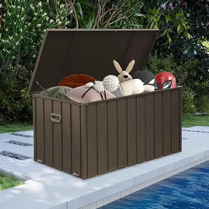 Domi Deck Box 190 Gallon, Waterproof Lockable Steel Outdoor Storage Container for Outside Cushions, Garden Tools and Pools Equipment, Brown by GreenHaven Gardens
