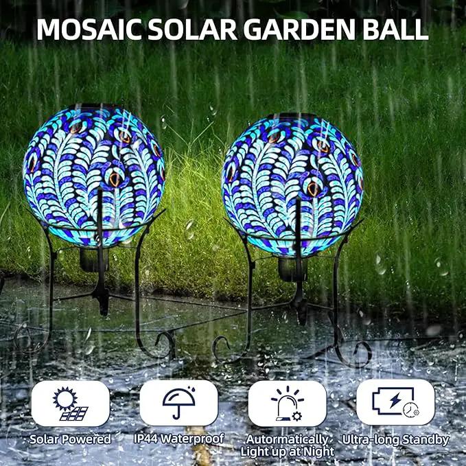 VOREEN Solar Gazing Ball, Mosaic Glass Gazing Globe with Solar Light, Waterproof Outdoor Yard Decoration Sphere for Homes, Patio, Lawn and Gardens, 10", Blue by GreenHaven Gardens