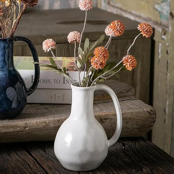 White Ceramic Vase with Big Handles, Modern Farmhouse Decor, Rustic Pottery for Flowers, Decorative Terracotta Centerpiece for Dining Table by GreenHaven Gardens