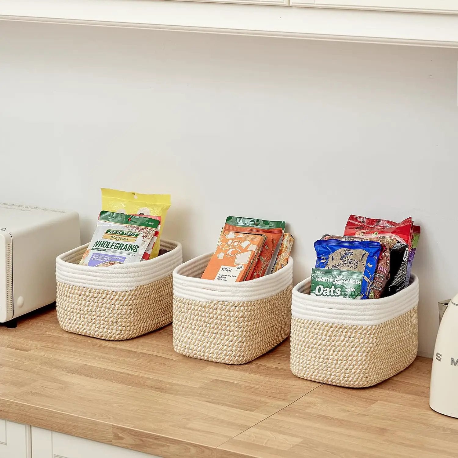 Small Cotton Rope Basket – Storage Bin for Organizing (10.6" x 6.7" x 6.7"), Bathroom Storage Basket for Shelf, Counter & Closet（White & Mixed Camel） by GreenHaven Gardens