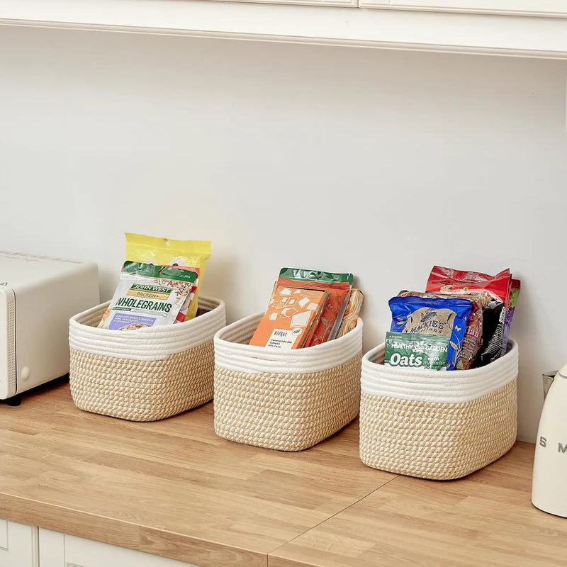 Small Cotton Rope Basket – Storage Bin for Organizing (10.6" x 6.7" x 6.7"), Bathroom Storage Basket for Shelf, Counter & Closet（White & Mixed Camel） by GreenHaven Gardens
