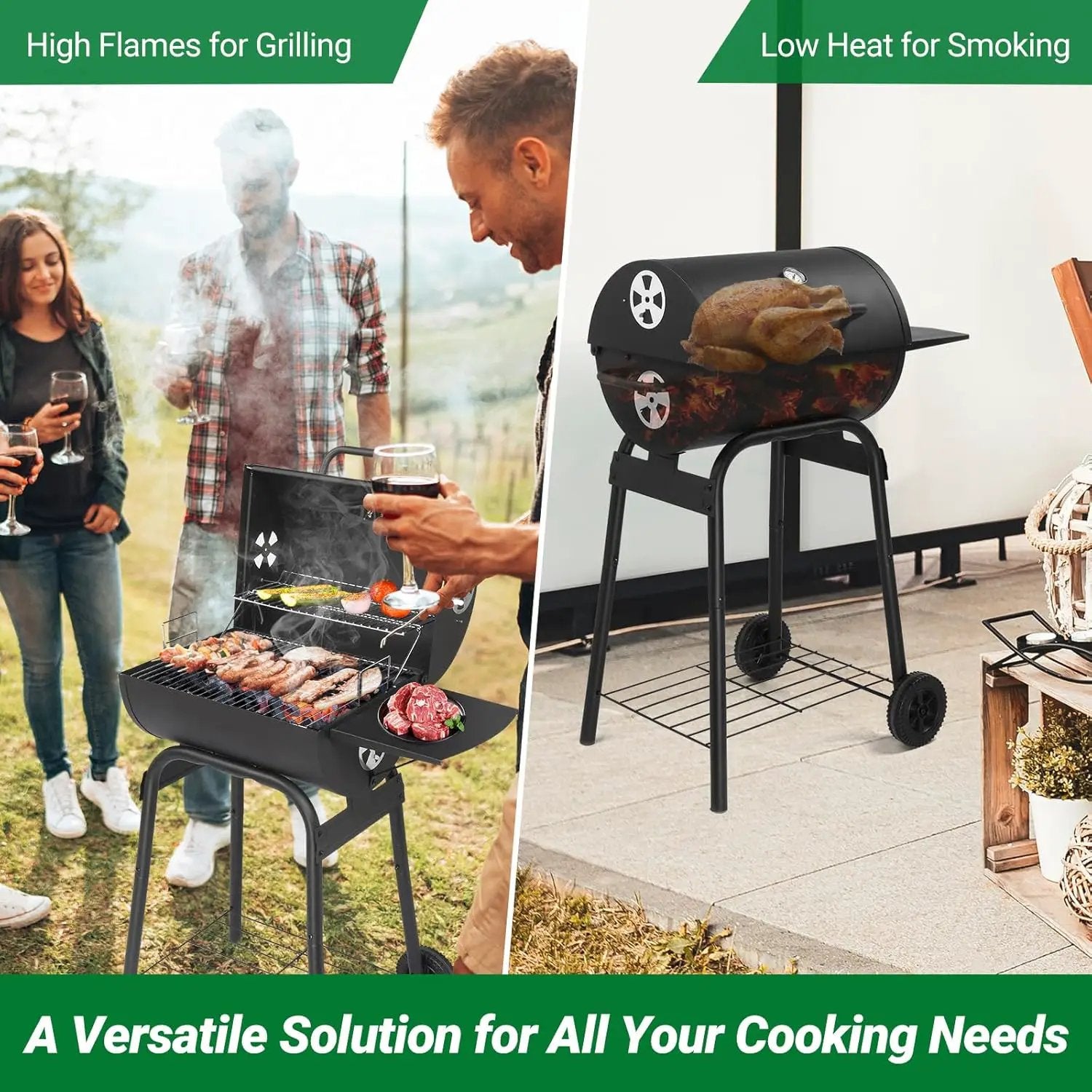 VINGLI Barrel Charcoal Grill with Side Table, BBQ Grill Outdoor Smoker Grill with Wheels for Party Garden Patio and Backyard Cooking by GreenHaven Gardens