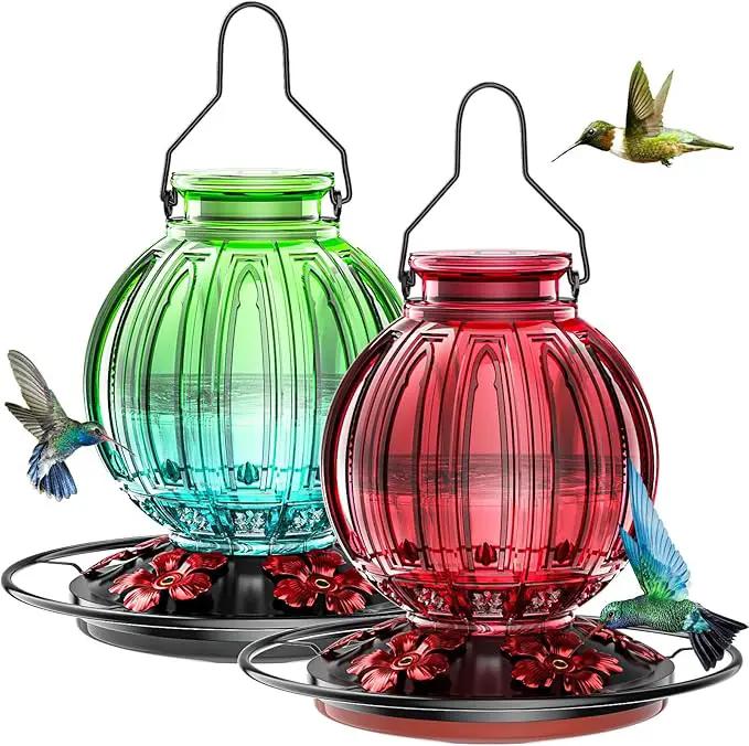2 Pack Glass Hummingbird Feeder for Outdoors Hanging, Bird Nectar Feeder with Perch & 5 Flower Feeding Ports, 26 Oz Leak Proof for Outside Garden Decor Backyard, Gifts for Women Mom, Red & Green Blue by GreenHaven Gardens