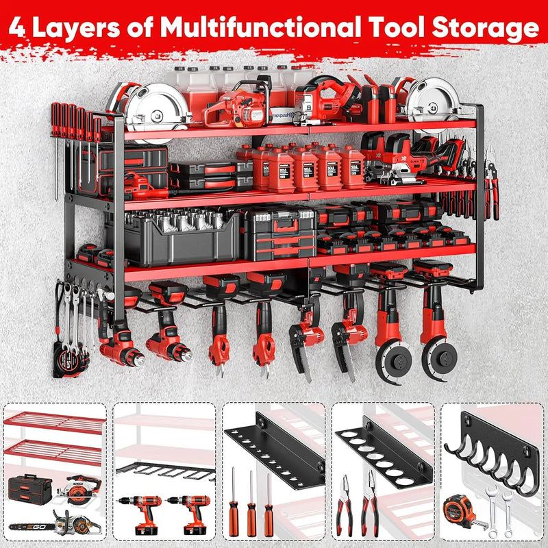Upgrade Large power tool organizer Wall Mount,4 Layers Heavy Duty Metal Loads 400lbs Power Tool Hanger Shelf Battery Storage with 8 Cordless Drill Bit Holder,Utility Racks for Garage Tool Room by GreenHaven Gardens