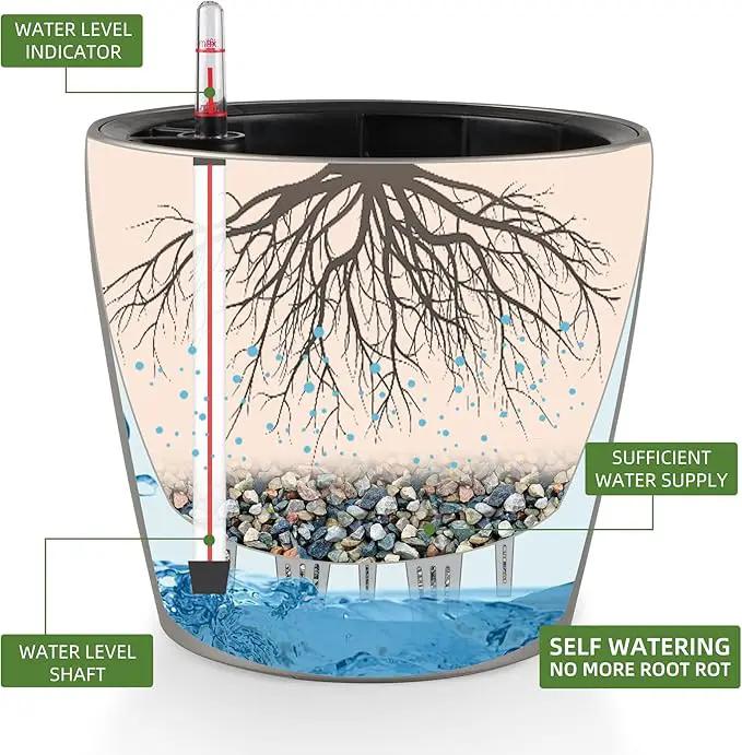 Dexceder 9x8 Inches Self Watering Planter Metallic Matte Indoor Outdoor, Inner Pot Design, Thickened Table Flower Plant Pot with Water Level Indicator (Smoky Gray) by GreenHaven Gardens