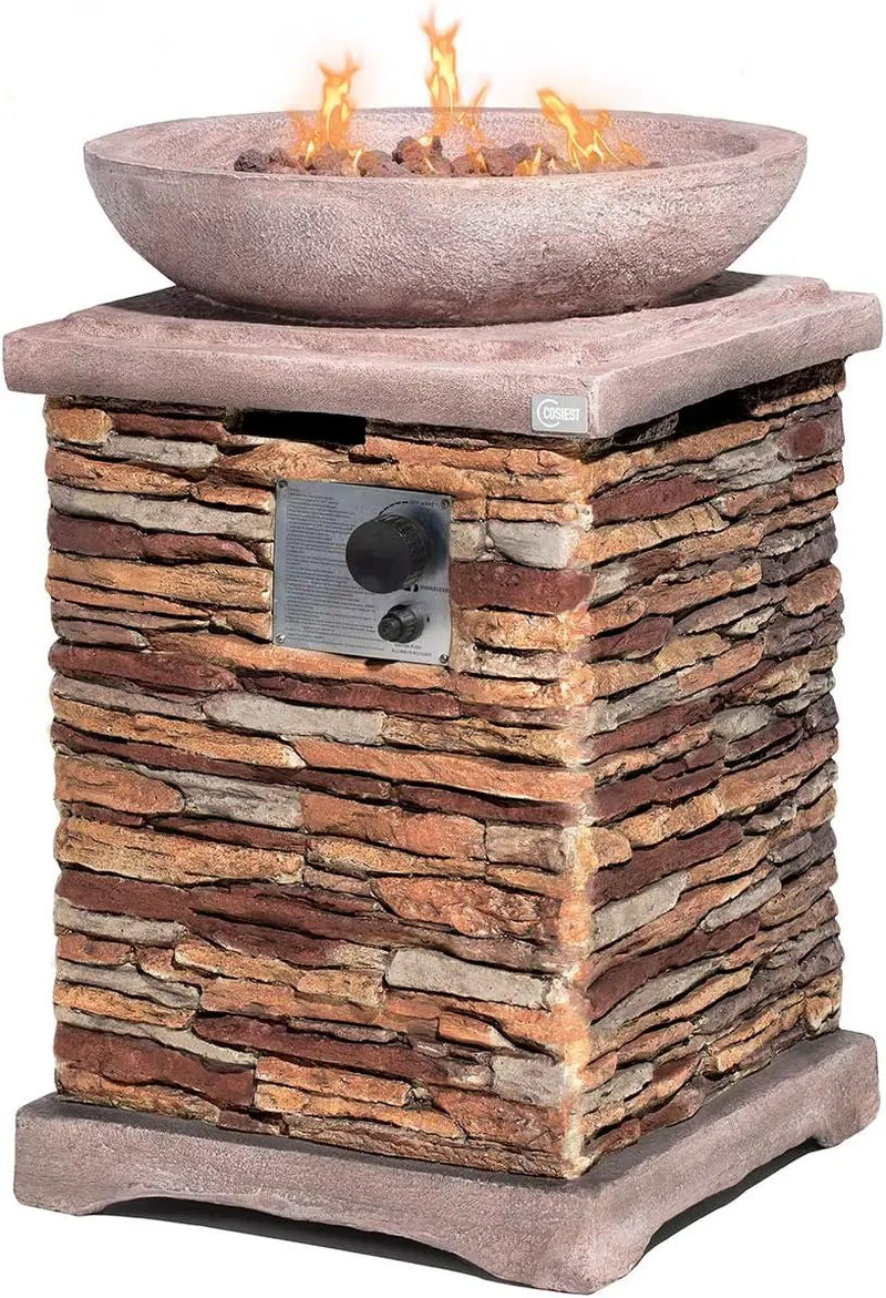 COSIEST Outdoor Propane Fire Pit Table w Faux Brown Compact Ledge Stone 20" Square Base and Faux Rose-Marble Round Bowl, CSA Certified, 40,000 BTU, Free Lava Rocks, Fits 20lb Tank Inside, Raincover by GreenHaven Gardens