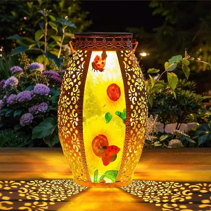 Sunflower Solar Lanterns Outdoor Waterproof,Hanging Solar Lantern with Ladybug,Outdoor Solar Lanterns with Hollowed-Out Design Metal &Glass Lantern,Solar Lights for Garden Patio Lawn Decor by GreenHaven Gardens