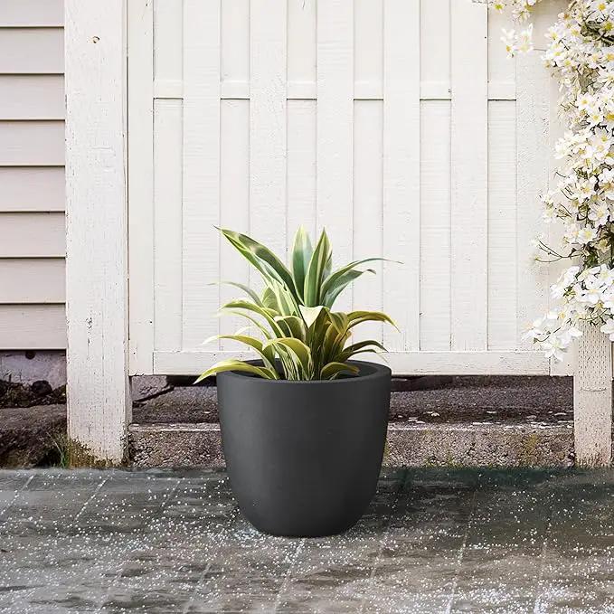 Kante 10 Inch Dia Round Concrete Planter, Indoor Outdoor Large Plant Pot with Drainage Hole and Rubber Plug for Home Patio Garden, Black by GreenHaven Gardens