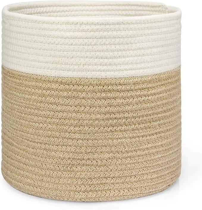 Dahey Jute Spliced Cotton Rope Plant Basket Modern Woven Storage Basket for 10" Floor Indoor Planter, Decorative Flower Pots Cover Laundry Bin with Handle Rustic Home Decor, White and Beige by GreenHaven Gardens