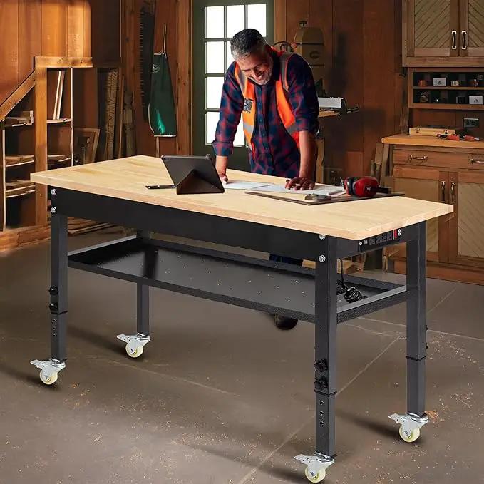 48"/60'' Adjustable Workbench, Rubber Wood Top Work Bench Heavy-Duty Work Table with Power Outlet, Wheels, Partition 2000 LBS Load Capacity Hardwood Work Benches for Garage, Workshop, Home, Office by GreenHaven Gardens