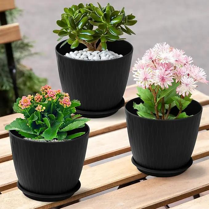Plant Pots – 6 Inch Planters with Drainage Holes and Saucers, Flower Pots for Indoor and Outdoor Plants, Nursery Planting Pots (Pack of 5, Black) by GreenHaven Gardens
