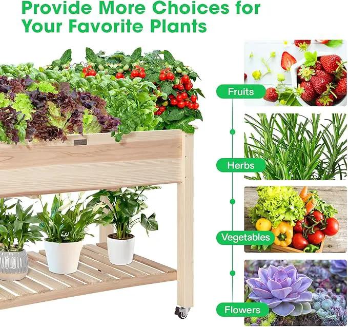 VIVOSUN Elevated Wooden Raised Garden Bed, 46 x 24 x 32 Inches, Mobile Outdoor Planter Box with Storage Shelf and Protective Liner for Outdoor Use, with Lockable Wheels by GreenHaven Gardens