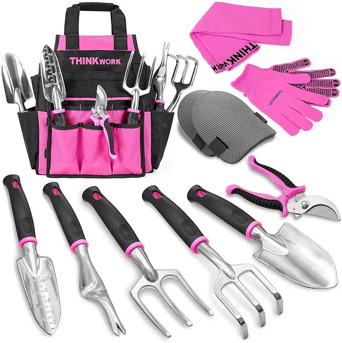 THINKWORK Pink Garden Tools, Gardening Gifts for Women, with 2 in 1 Detachable Storage Bag, Trowel, Transplanter, Rake, Weeder, Cultivator, Purning Shears and 3 Additional Protection Tools by GreenHaven Gardens