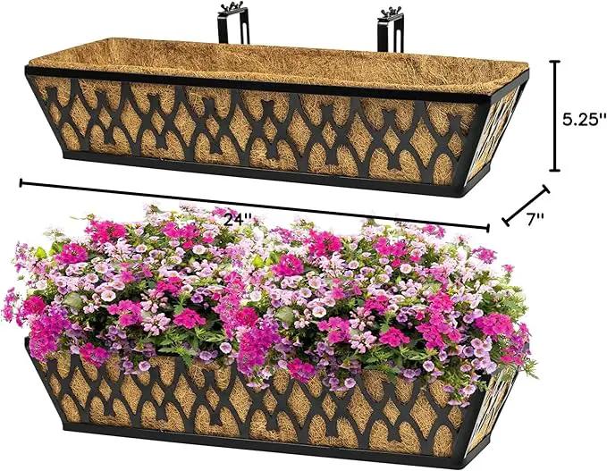 2 Pack 24 Inch Window Boxes Planters Railing Planter Box with Adjustable Brackets for Porch Fence Patio Balcony Hanging Flower Baskets with Coco Liners for Outdoor Garden Décor - Black by GreenHaven Gardens
