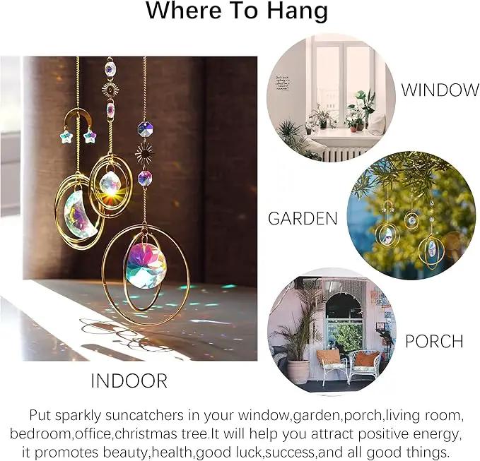 Set 3 Crystal Hanging Decorations - Sun & Moon Rainbow Crystal Suncatcher Window Car Hanging Prisms Ornament Pendant,Boho Love Wall Decoration,Home Garden Decor Gift by GreenHaven Gardens