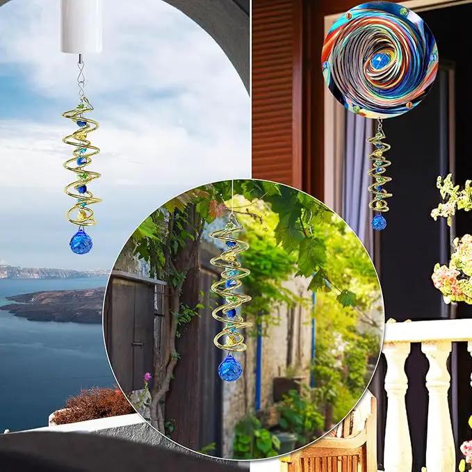 FONMY Gazing Ball Spiral Tail -Decorative Wind Spinner Sun Catcher Rainbow Maker Golden Double-Spiral W/Sea Blue Crystal Ball and Chain Crystals Beads for Indoor Outdoor Garden Decoration -14 inch H by GreenHaven Gardens
