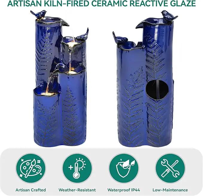 32" H Ceramic Outdoor Water Fountain with LED Lights, 4-Tier Vase Outdoor Fountain, Cobalt Blue Glaze, Embossed Fern Pattern, Cascading Waterfall for Tranquil Garden, Patio, or Porch by GreenHaven Gardens