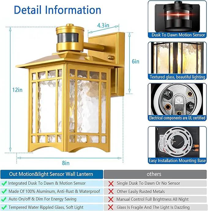 Dusk to Dawn Motion Sensor Light, Outdoor Light Fixture, Golden Wall Sconce Lighting, Front Porch Light, Exterior Lights for House Patio, Outside Door Lights, Wall Mount Anti-Rust Lantern by GreenHaven Gardens