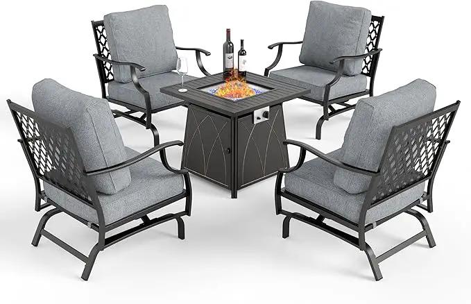 Patio Furniture Set with Fire Pit Table, 5 Pcs Metal Outdoor Conversation Set, 4 Rocking Chairs with 5.75" Extra Thick Cushion and 28" Fire Pit Table for Backyard Deck, Grey by GreenHaven Gardens