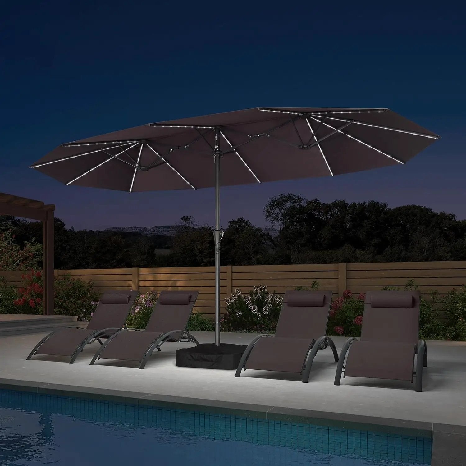 PURPLE LEAF 14ft Patio Umbrella with Solar Lights Outdoor Double-Side Market Umbrella with Base Included Rectangle Table Umbrella for Pool Garden Backyard, Light Grey by GreenHaven Gardens