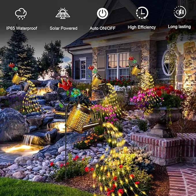 Solar Metal Watering Can with Cardinal Shepherd Hook and Cascading Lights - Outdoor Solar Lantern for Garden, Yard, Patio - Christmas Decor and Gardening Gifts for Women by GreenHaven Gardens