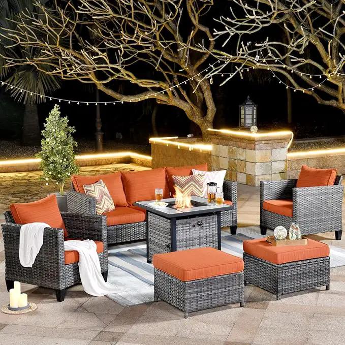 ovios 6 Pieces Patio Furniture Set with 30" Fire Pit Table, Outdoor Wicker Sofa with Comfy Cushions, All Weather High Back Rattan Couch Conversation Set, Orange Red by GreenHaven Gardens