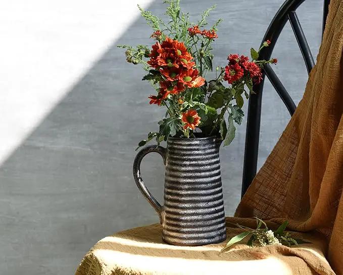 Quoowiit Ceramic Rustic Vase with Handle, Black Distressed Decorative Farmhouse Pitcher Vase for Home Decor Living Room Bedroom Kitchen Office Shelf Decor Centerpiece Table Decoration by GreenHaven Gardens
