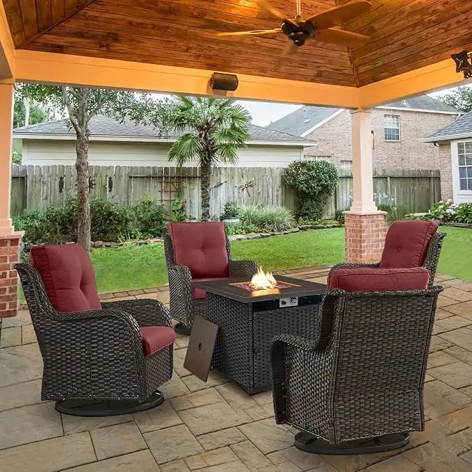 5 Pieces Patio Wicker Furniture Set - 4 Outdoor Swivel Rocker Glider Chairs with 50000BTU Propane Fire Pit Table, Warm Patio Conversation Set Red Cushion Perfect for Casual Gathering by GreenHaven Gardens