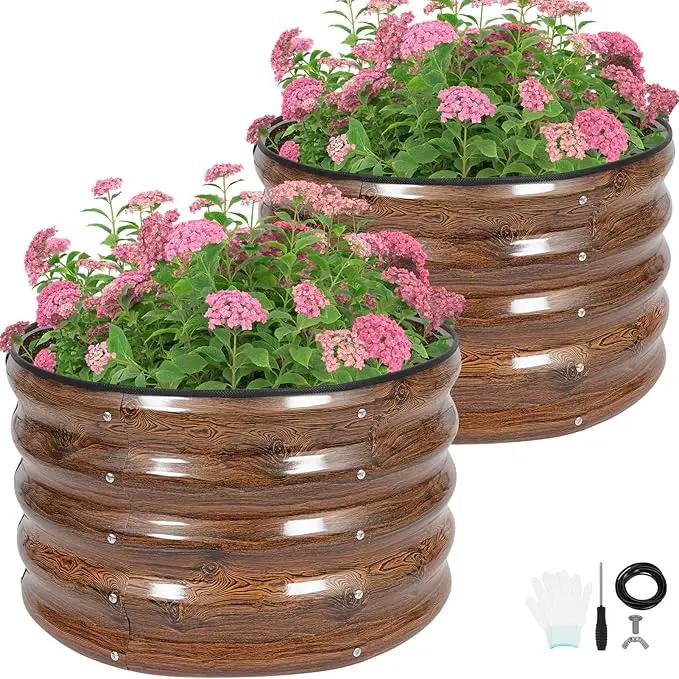 G GOOD GAIN Round Raised Garden Bed - 2Pcs 2x2x1.3ft Galvanized Steel Planter Boxes Outdoor with Rubber Edge Trim | Metal Raised Beds for Gardening Vegetables Flowers Fruits Herbs (Wood Grain) by GreenHaven Gardens